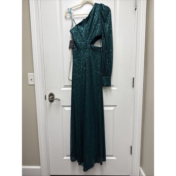 Mac Duggal Size 6 Green 26730 Sequined One Shoulder Cut Out Formal Gown Dress - Picture 8 of 16